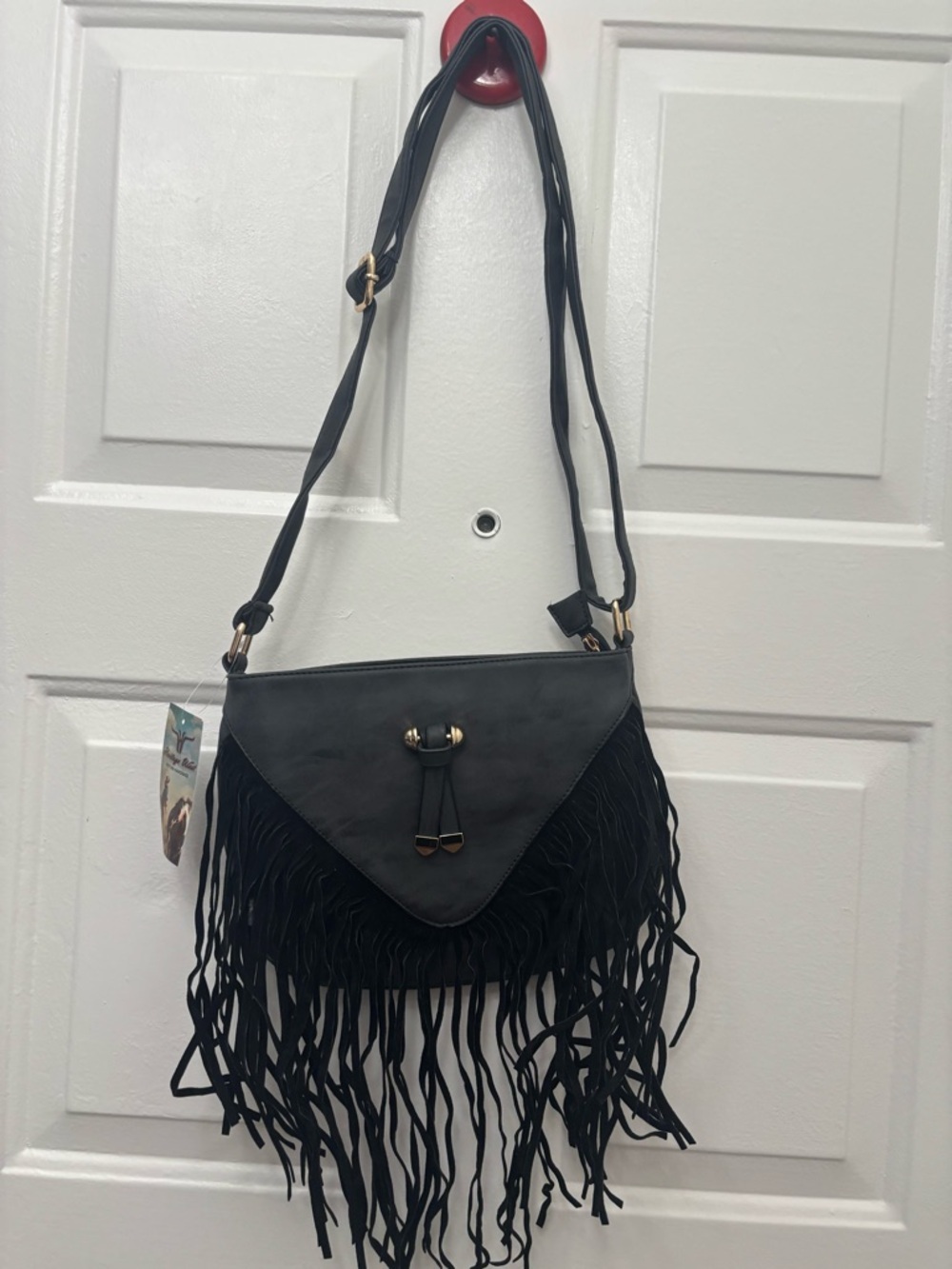 Black Fringe Crossbody Bag with Tassel Accent - Unbranded